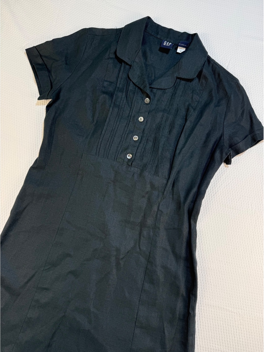 Gap Womens 8 Black 100% Linen Midi Dress Pintuck Tie Back Y2K Minimalist